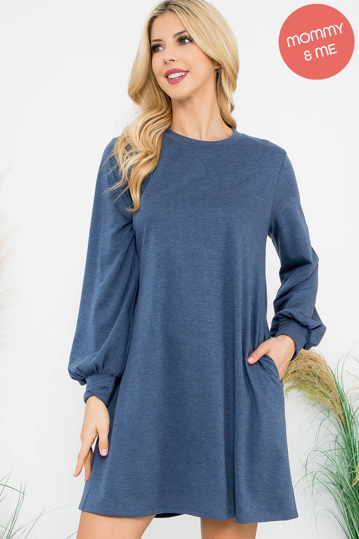 YMD10062V-LONG PUFF SLEEVE FRENCH TERRY DRESS WITH POCKETS