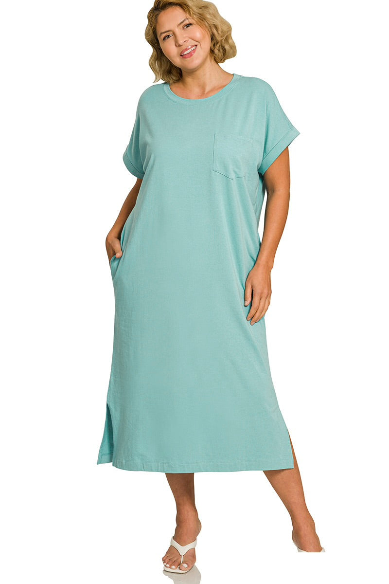 PLUS ROUND NECK SHORT SLEEVE MIDI DRESS