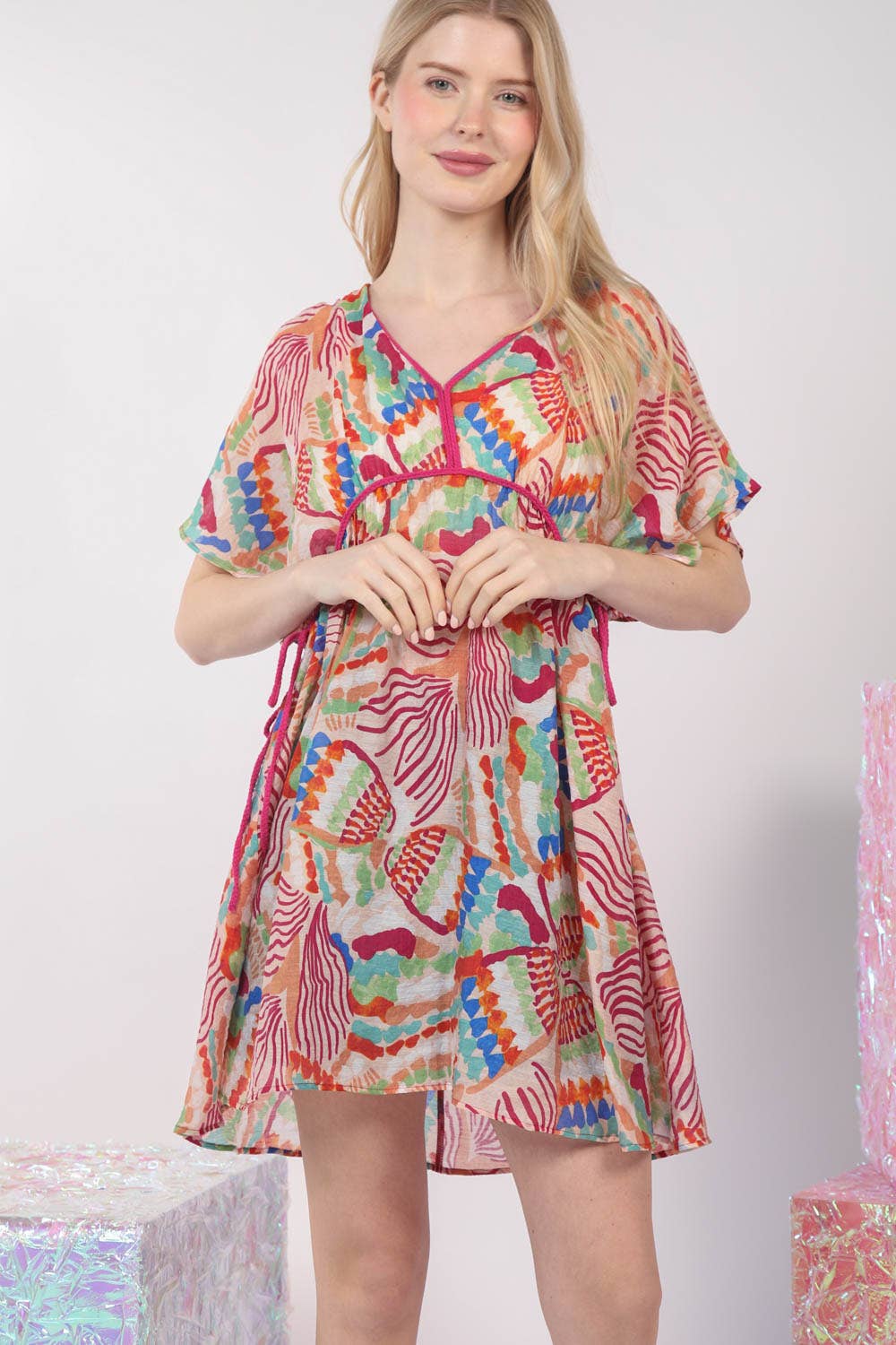 ND31235-Vestido Corto con Estampado Multicolor: ROSA / S-M-L/2-2-2