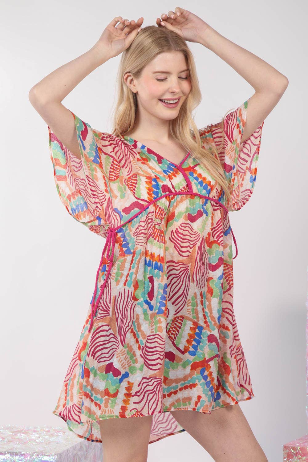 ND31235-Vestido Corto con Estampado Multicolor: ROSA / S-M-L/2-2-2