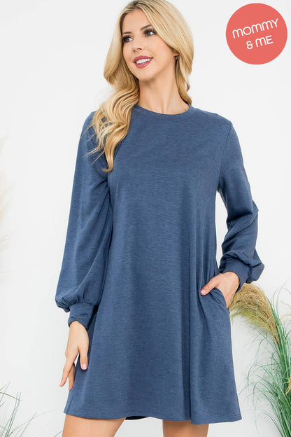 YMD10062V-LONG PUFF SLEEVE FRENCH TERRY DRESS WITH POCKETS
