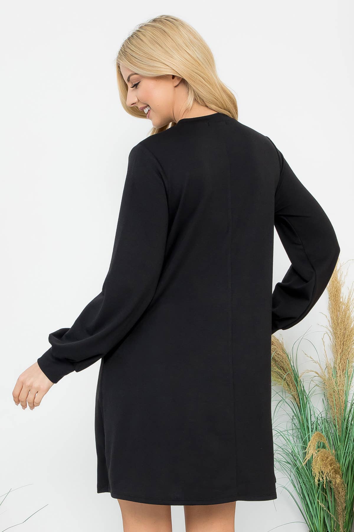 YMD10062V-LONG PUFF SLEEVE FRENCH TERRY DRESS WITH POCKETS