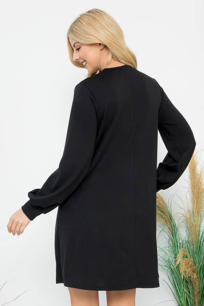 YMD10062V-LONG PUFF SLEEVE FRENCH TERRY DRESS WITH POCKETS