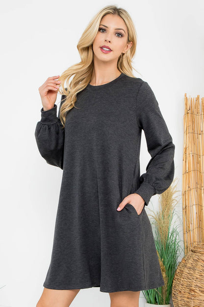 YMD10062V-LONG PUFF SLEEVE FRENCH TERRY DRESS WITH POCKETS