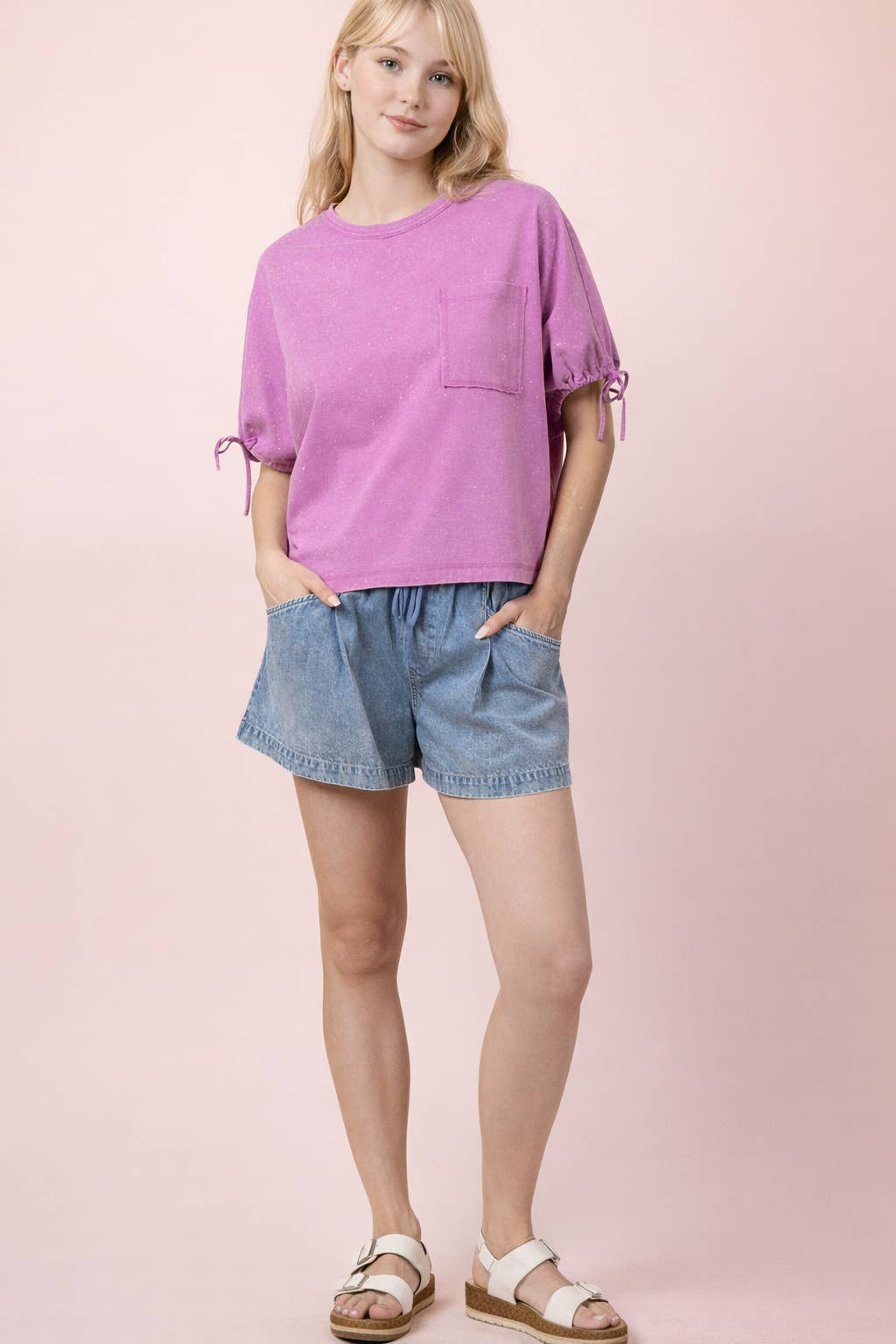 Pantalones cortos de chambray lavados con minerales y cintura elástica