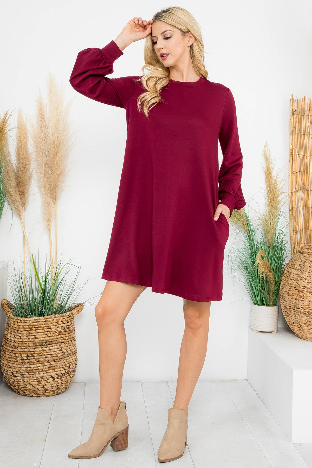 YMD10062V-LONG PUFF SLEEVE FRENCH TERRY DRESS WITH POCKETS