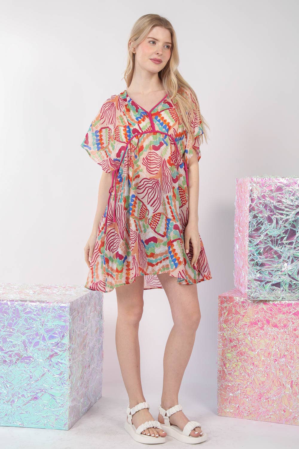 ND31235-Vestido Corto con Estampado Multicolor: ROSA / S-M-L/2-2-2