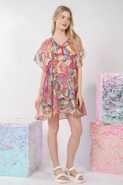ND31235-Vestido Corto con Estampado Multicolor: ROSA / S-M-L/2-2-2