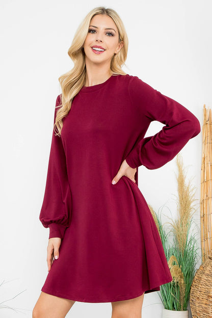 YMD10062V-LONG PUFF SLEEVE FRENCH TERRY DRESS WITH POCKETS