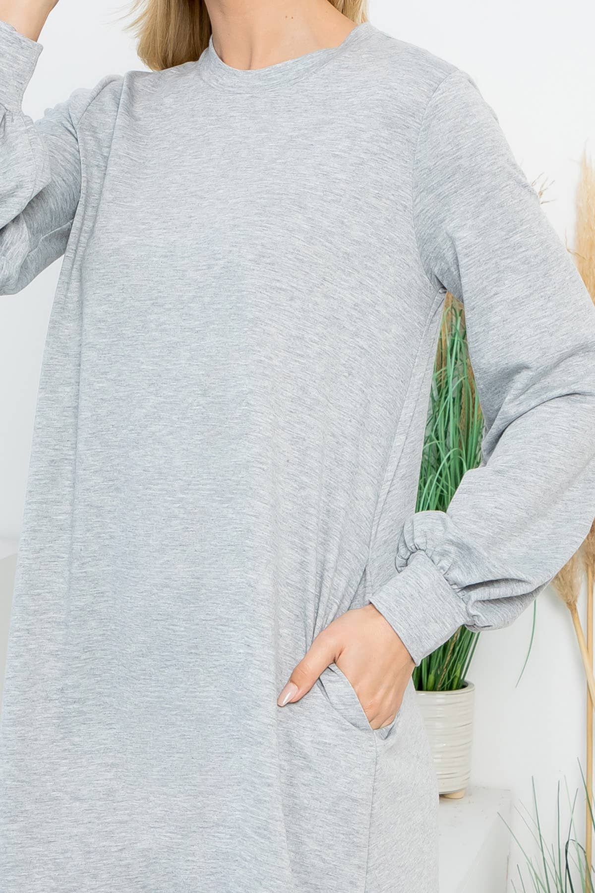 YMD10062V-LONG PUFF SLEEVE FRENCH TERRY DRESS WITH POCKETS