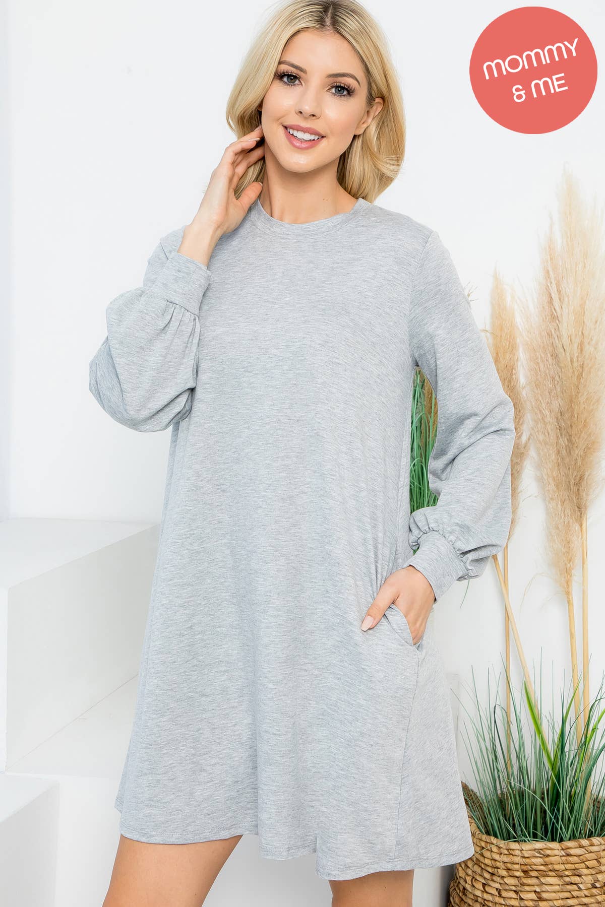 YMD10062V-LONG PUFF SLEEVE FRENCH TERRY DRESS WITH POCKETS