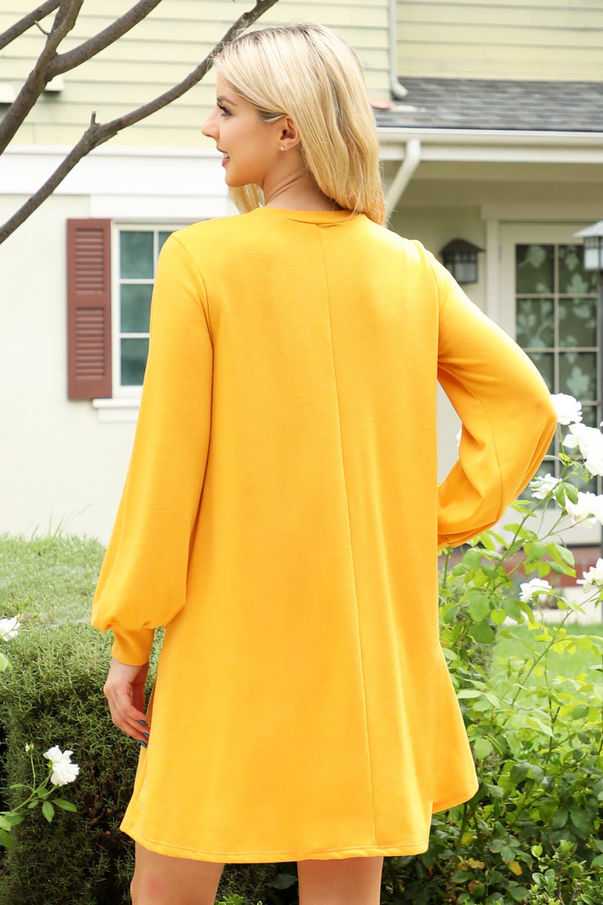 YMD10062V-LONG PUFF SLEEVE FRENCH TERRY DRESS WITH POCKETS