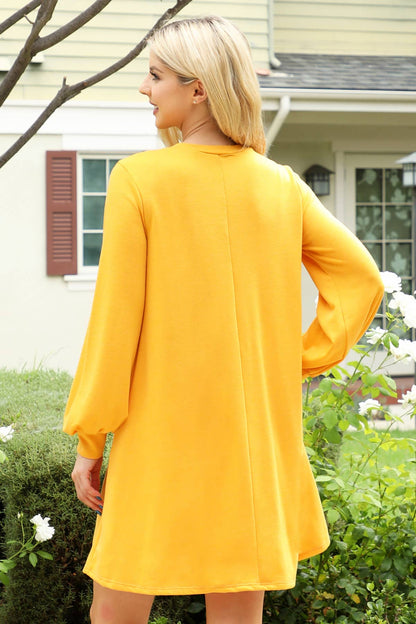 YMD10062V-LONG PUFF SLEEVE FRENCH TERRY DRESS WITH POCKETS