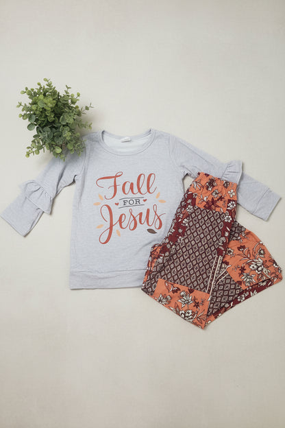 Fall for jesus shirt patchwork pants girls clothing set