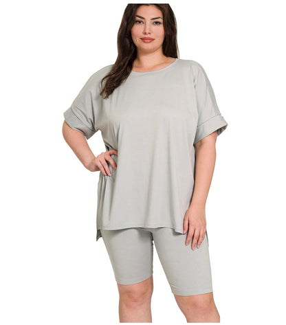 Plus Brushed Microfiber Round Neck Top & Biker Shorts