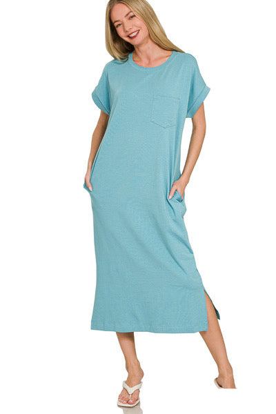 ROUND NECK SHORT SLEEVE MIDI DRESS