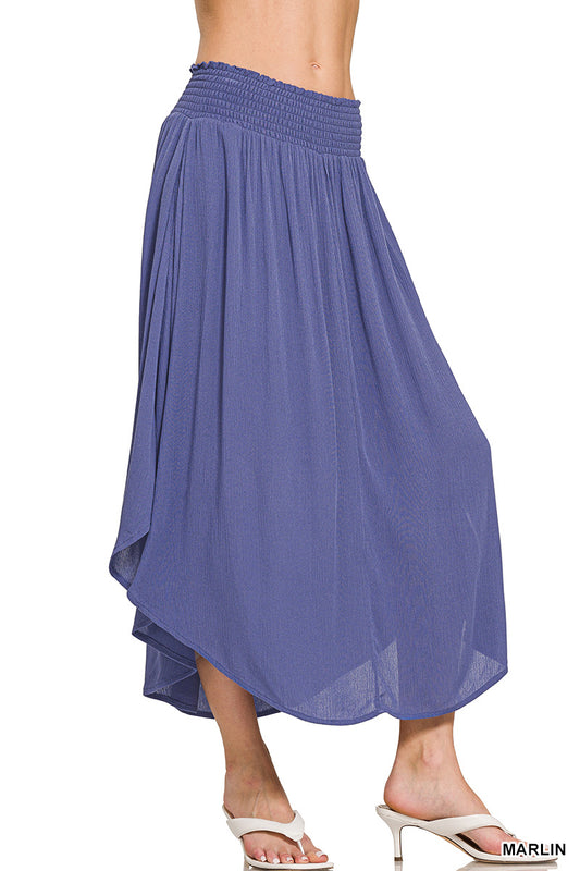 WOVEN CRINKLE SMOCKED WAIST SIDE SLIT MAXI SKIRT WITH POCKETS