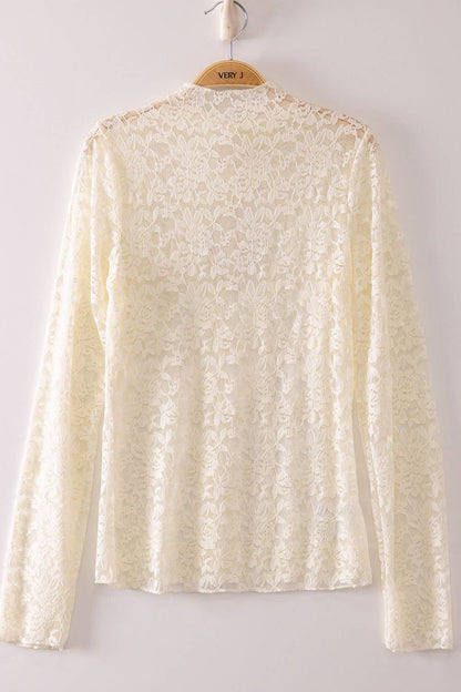 High Neck Fitted Sheer Mesh Lace Knit Top