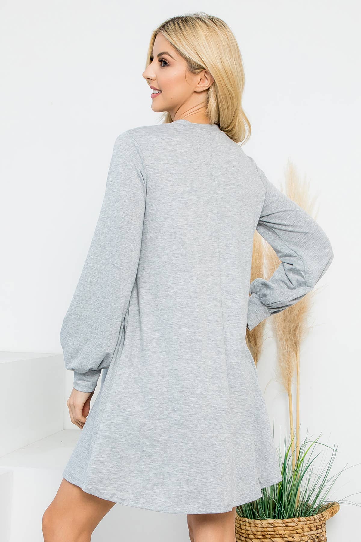 YMD10062V-LONG PUFF SLEEVE FRENCH TERRY DRESS WITH POCKETS