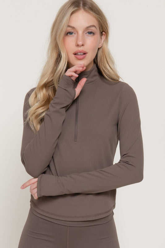 Long Sleeve Thumbhole Detail Zippered Mock Neck Workout Top