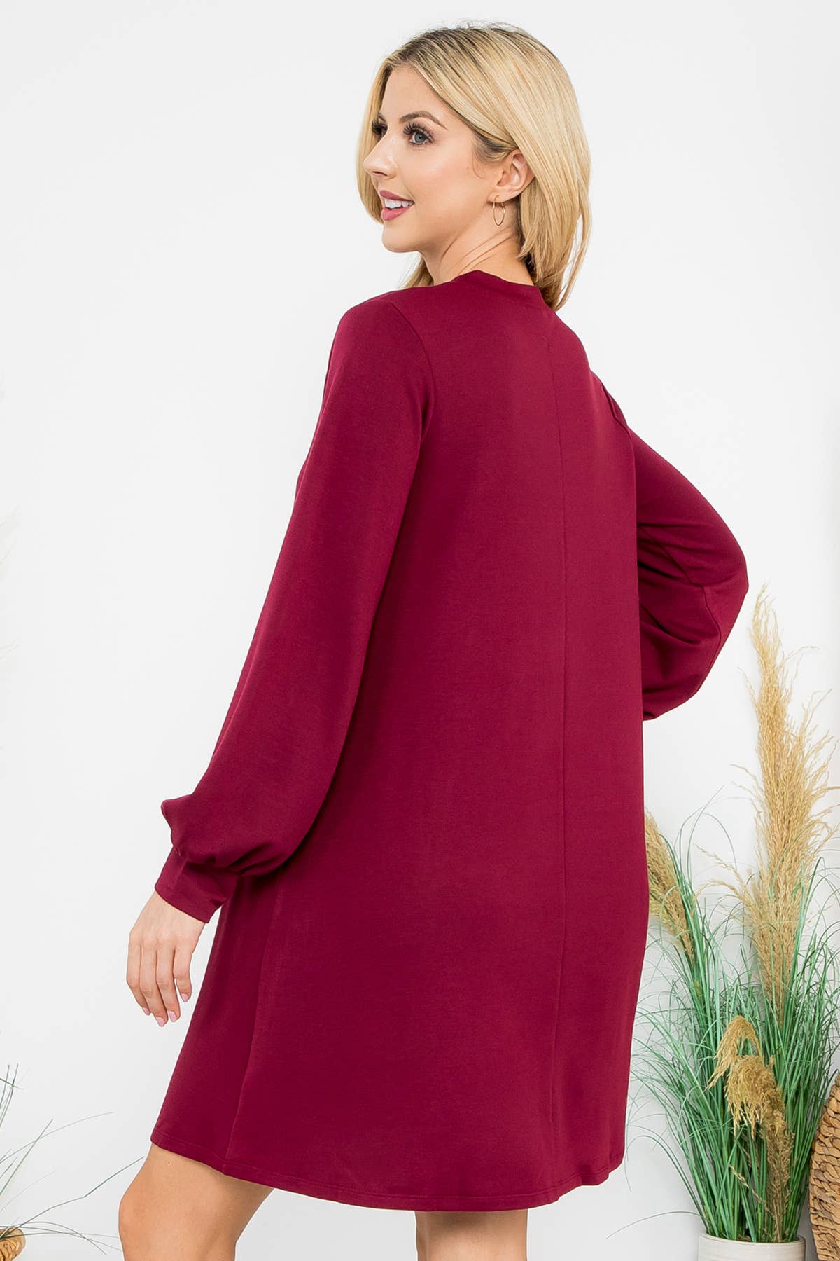 YMD10062V-LONG PUFF SLEEVE FRENCH TERRY DRESS WITH POCKETS