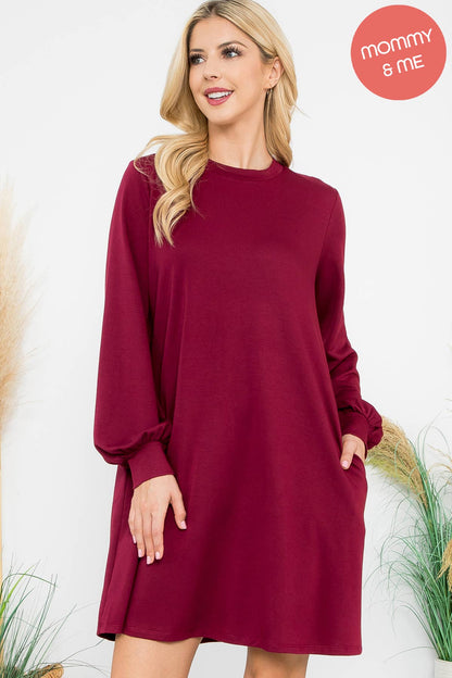 YMD10062V-LONG PUFF SLEEVE FRENCH TERRY DRESS WITH POCKETS