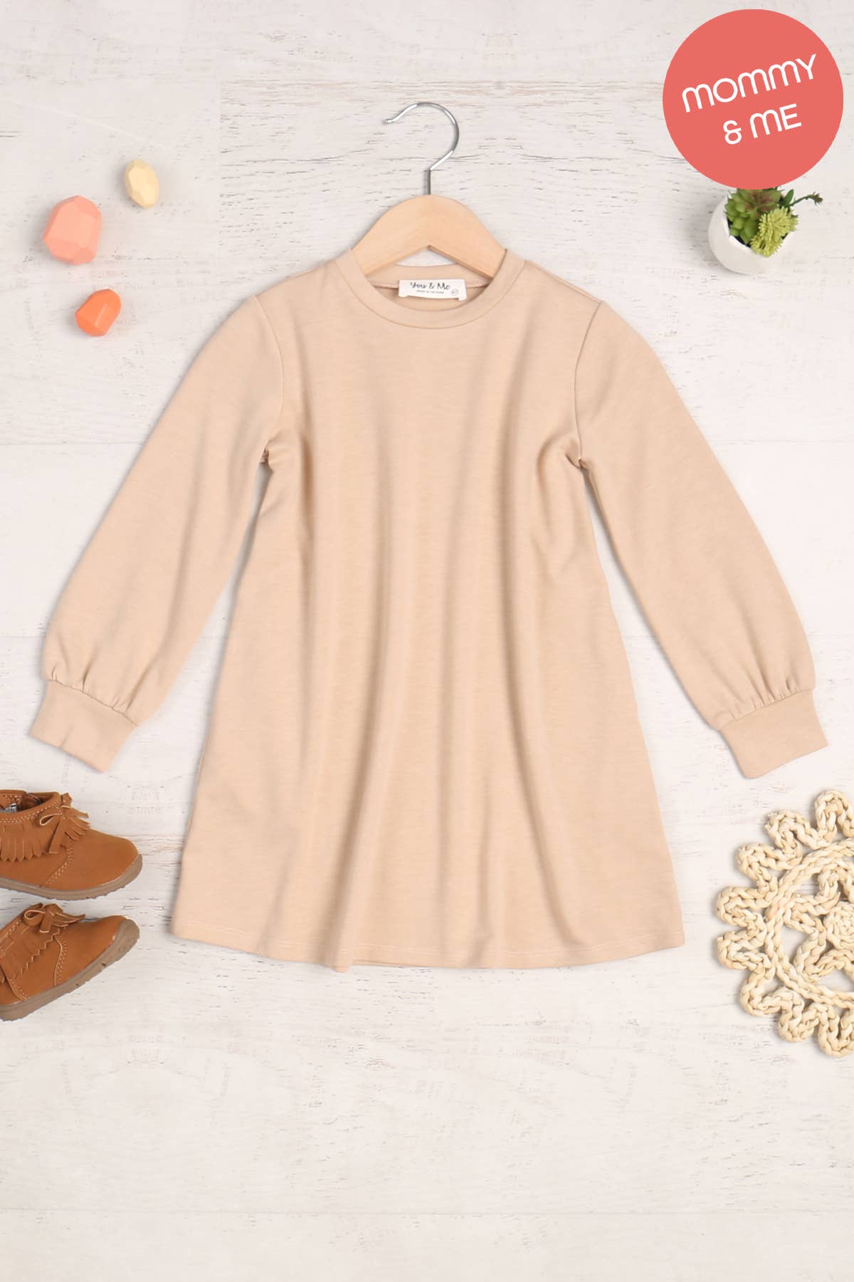 SALE!!! YMD10062TKV-KIDS LONG PUFF SLEEVE FRENCH TERRY DRESS