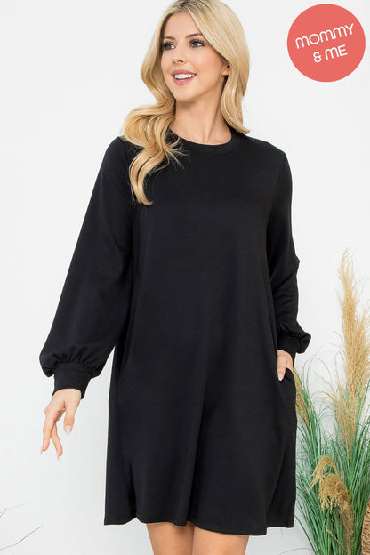 YMD10062V-LONG PUFF SLEEVE FRENCH TERRY DRESS WITH POCKETS