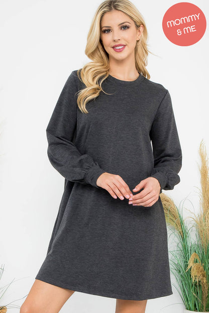 YMD10062V-LONG PUFF SLEEVE FRENCH TERRY DRESS WITH POCKETS