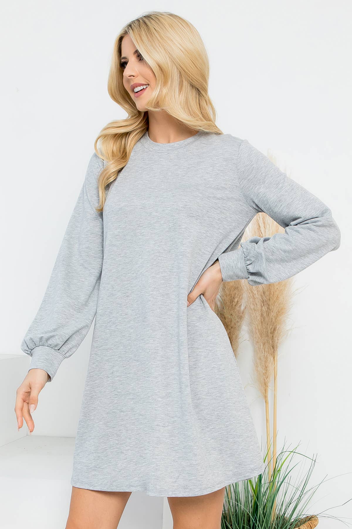 YMD10062V-LONG PUFF SLEEVE FRENCH TERRY DRESS WITH POCKETS