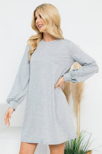 YMD10062V-LONG PUFF SLEEVE FRENCH TERRY DRESS WITH POCKETS