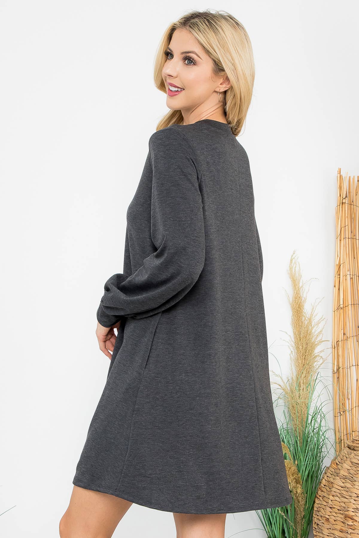 YMD10062V-LONG PUFF SLEEVE FRENCH TERRY DRESS WITH POCKETS
