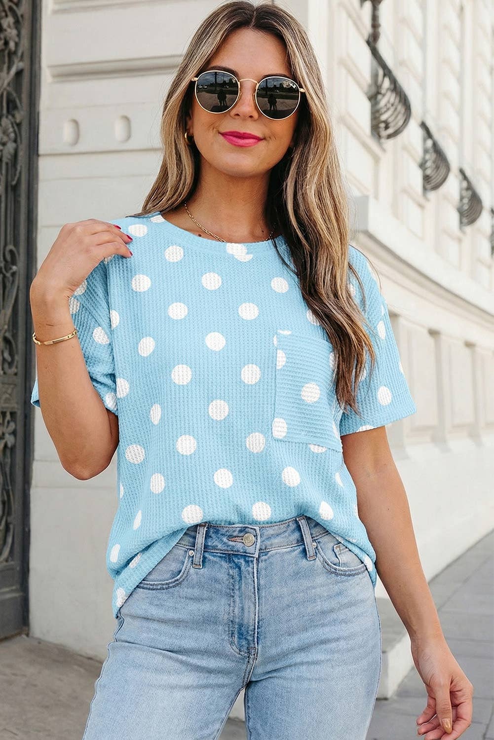 Rib Polka Dot Chest Pocket T Shirt